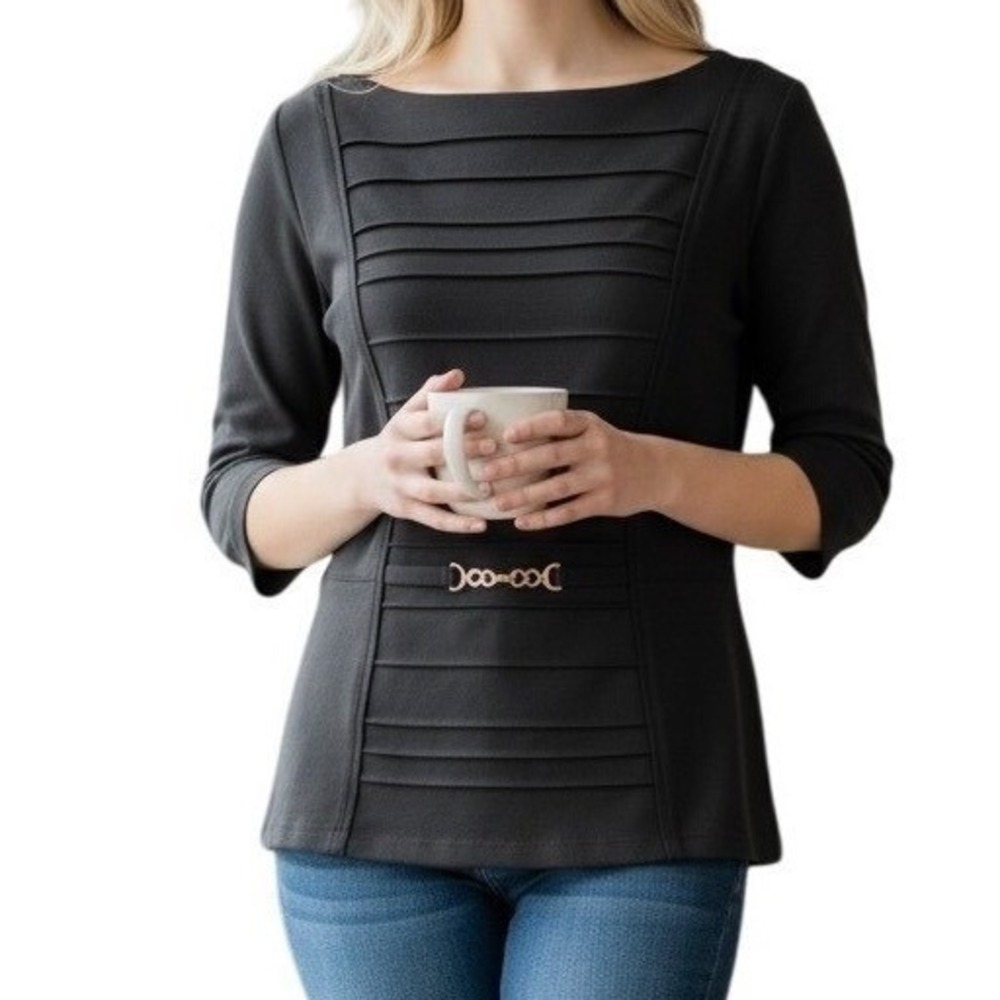 WHITE HOUSE BLACK MARKET Ponte Black 3/4" Sleeve Sewn Seamed Top‎ EUC 12